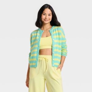 Joy Lab Button Up Cardigan Sweater Aqua Blue Yellow Stripe size XXL